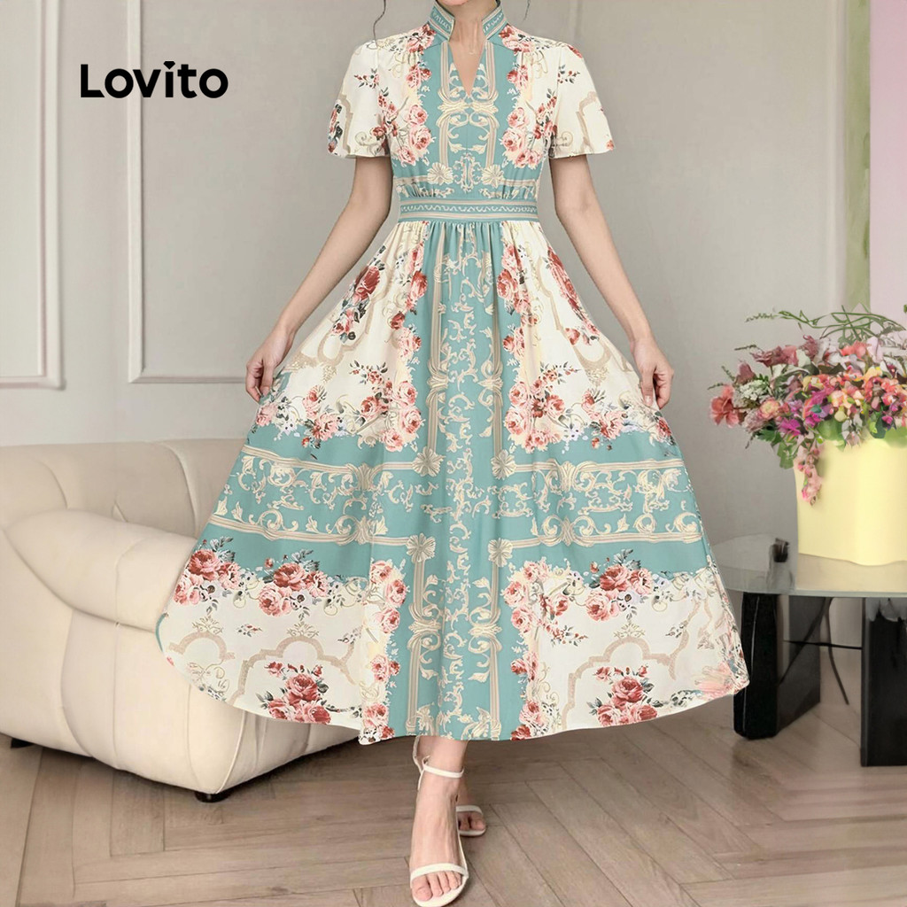 Detalhes do Lovito Vestido Elegante com Sensação Geométrica de Linhas Toque Suave Vestido de primavera/verão LBL26113