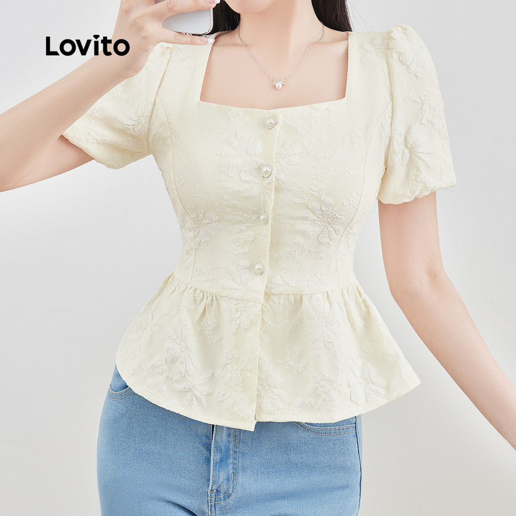 Detalhes do Lovito Blusa Casual Natal Com Botões Frente Franzida Textura Boa Primavera/verão Blusa Damasco Para Mulheres L137LD339