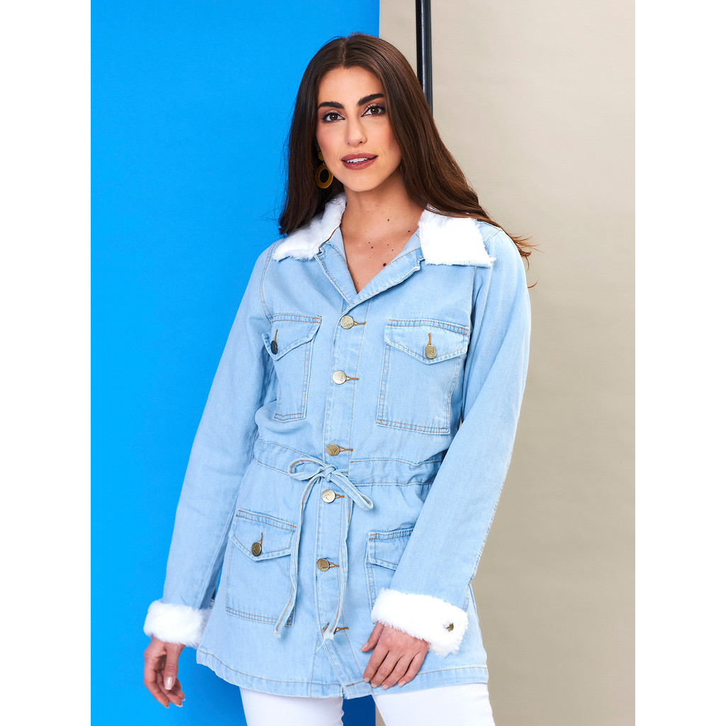 Parka Jeans Feminina com Pelinho na Gola e Punho