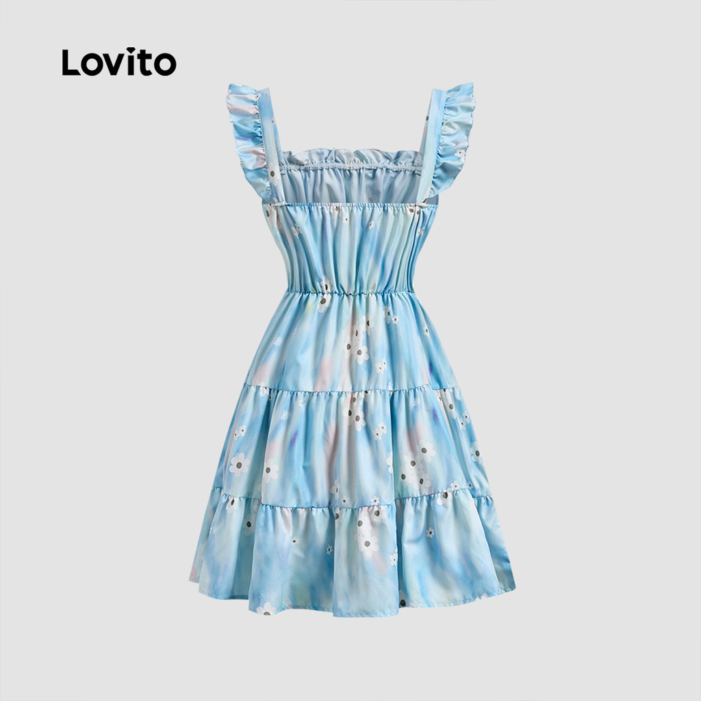 Detalhes do Lovito Vestido Casual Com Babados Florais E Camadas Com Cadarço, Vestido De Verão/primavera Para Mulheres L131LD1277