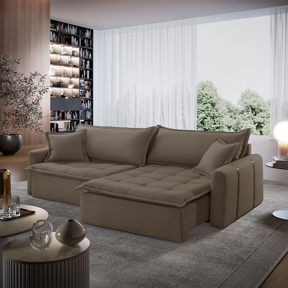 Sofá Cama Veludo em Madeira Eucalipto 240cm Braço 20cm Arizona Meu Sofá Online