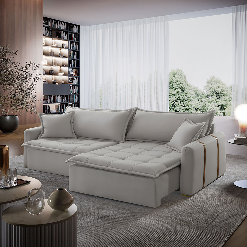 Sofá Cama Veludo em Madeira Eucalipto 280cm Braço 20cm Arizona Meu Sofá Online