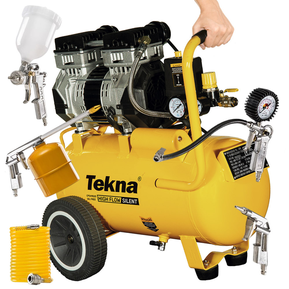 Compressor de Ar Silencioso Isento de Óleo 2.5Hp 24 Litros Pistola Pintura Mangueira Tekna - Home & Living