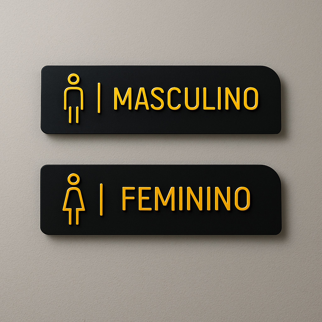 Placa Banheiro WC Acrílico Preto – Feminino e Masculino para Porta