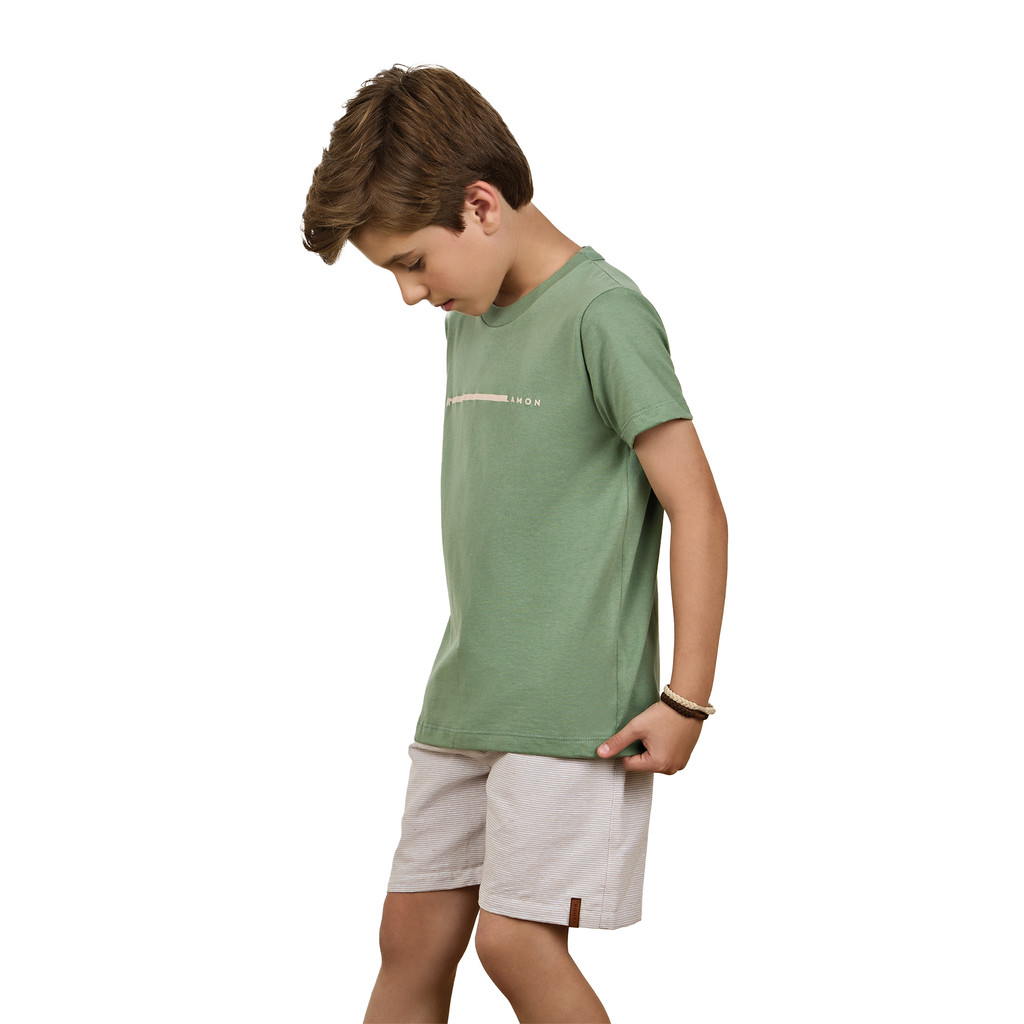 Conjunto Infantil Camiseta Verde Meia Malha e Bermuda Listrada Bege Kamylus