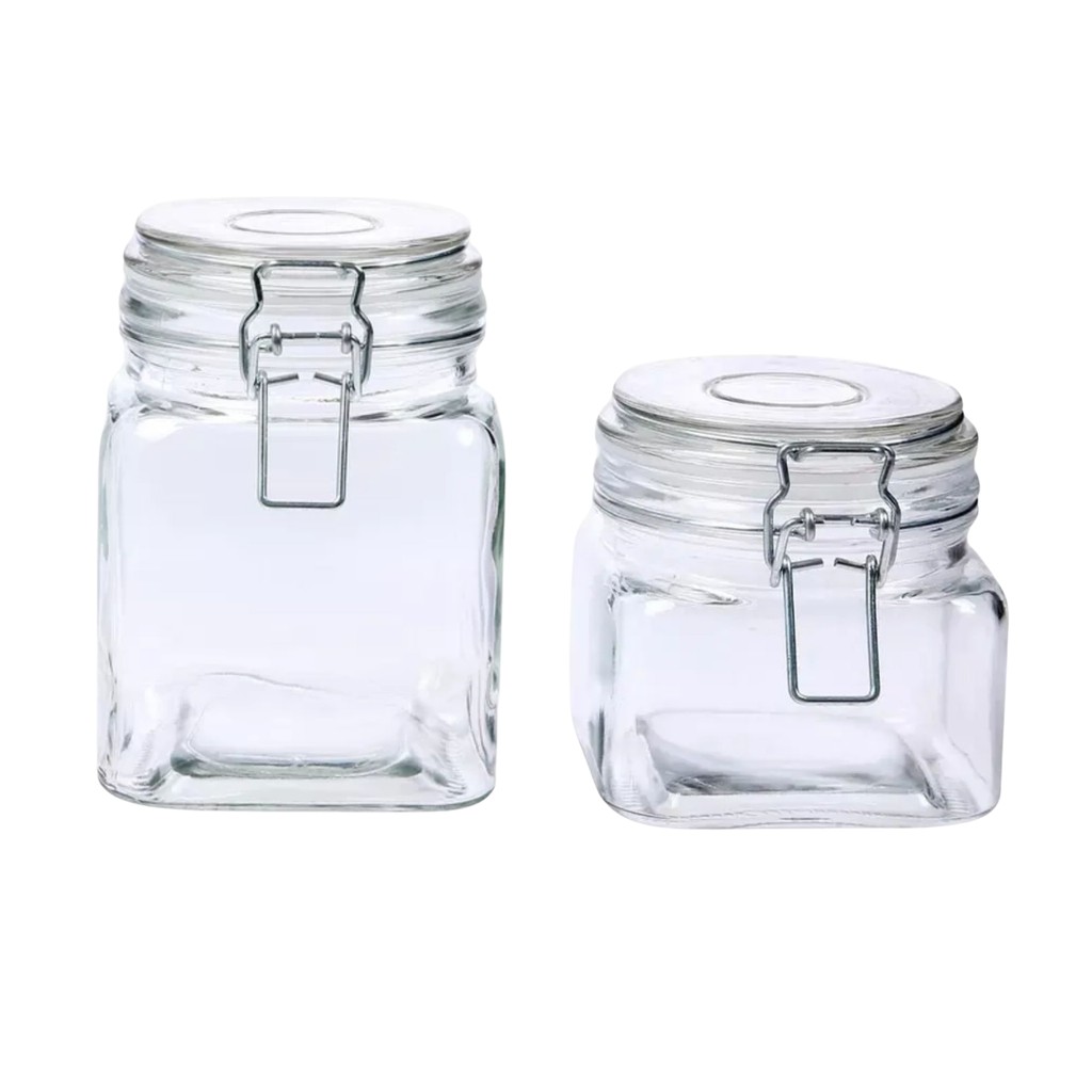 Kit Pote De Vidro Vedação Hermético Quadrado C/ Travas Presilhas 910ml / 460ml Design Moderno