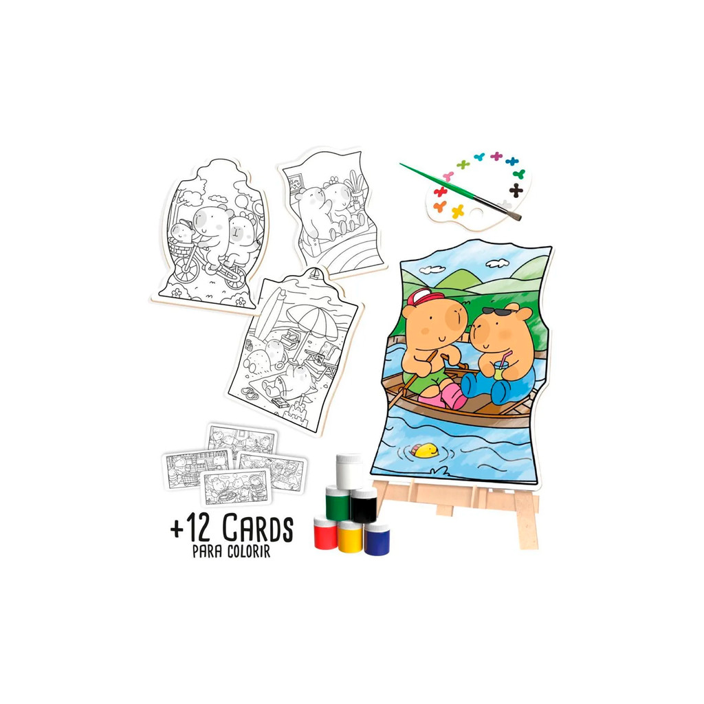 Super Kit Pintura Capivara Cozy & Comfy com 4 Telas de Madeira + Cards + Cavalete e 6 Tintas