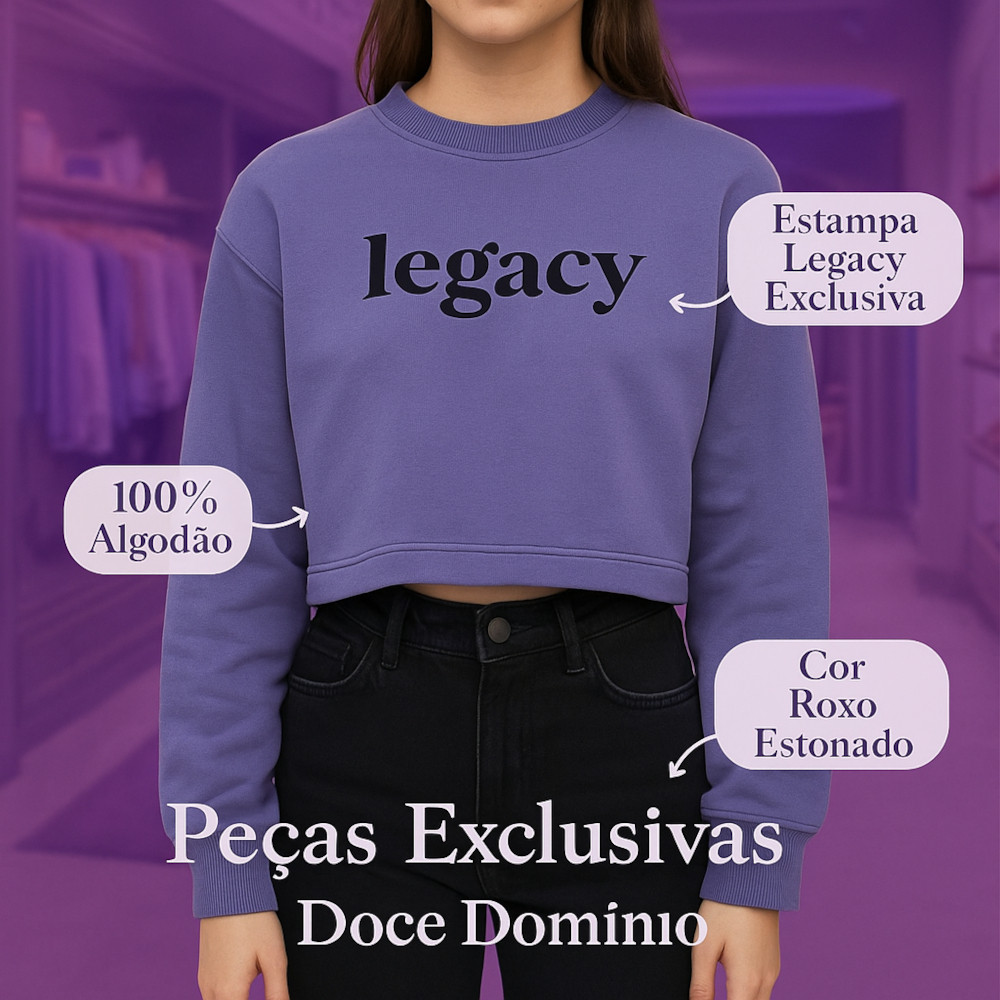 Cropped Moletom Feminino Estonado Legacy Exclusivo Roxo