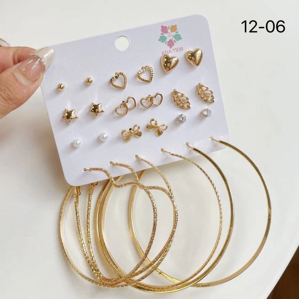 ANA1108 Kit 12 pares de brincos com argolas prata e dourada em Oferta na Shopee