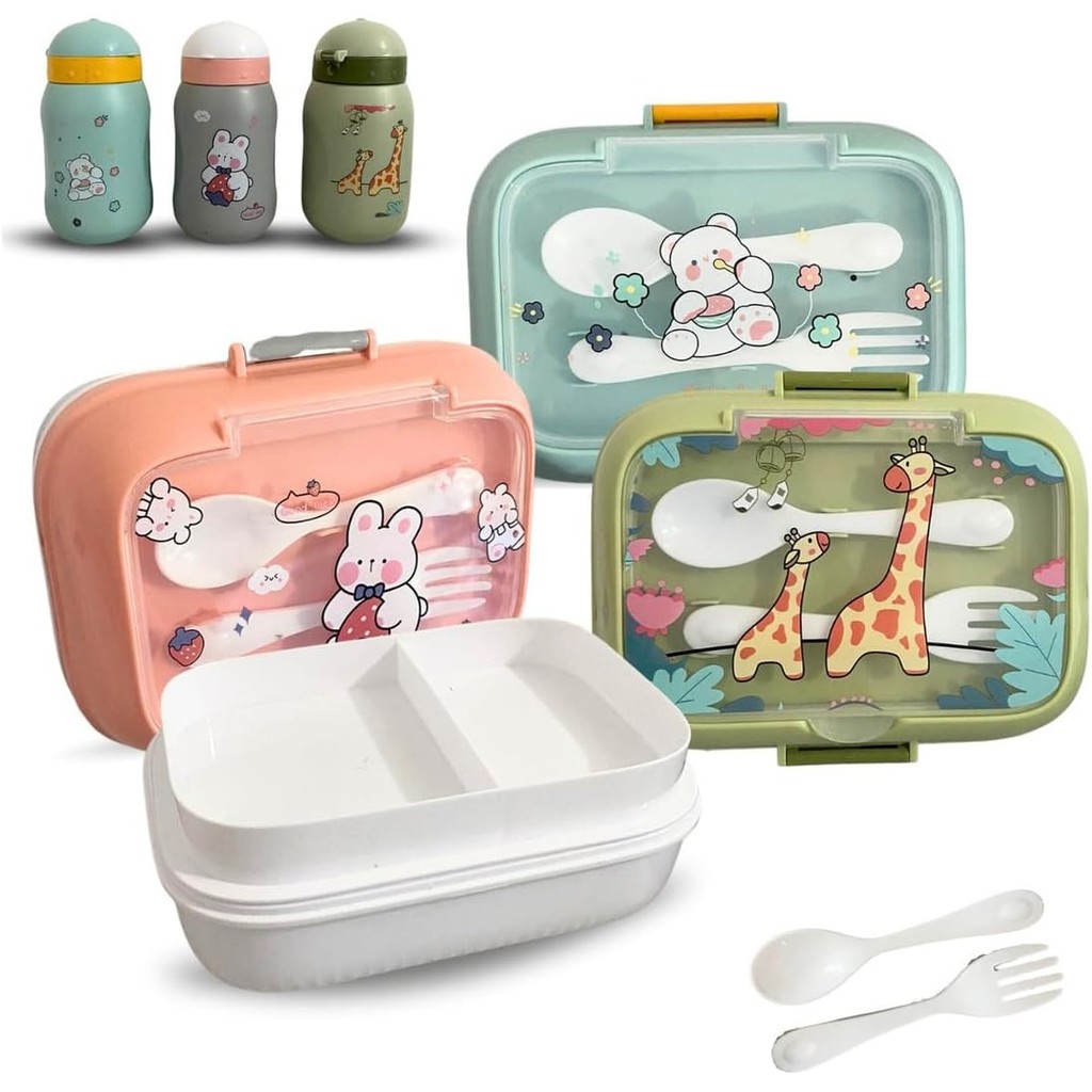 Marmita Lancheira Infantil com Talher, Divisórias, Garrafa 450ml e Bico de Silicone ENVIO ALEATORIO - Home & Living
