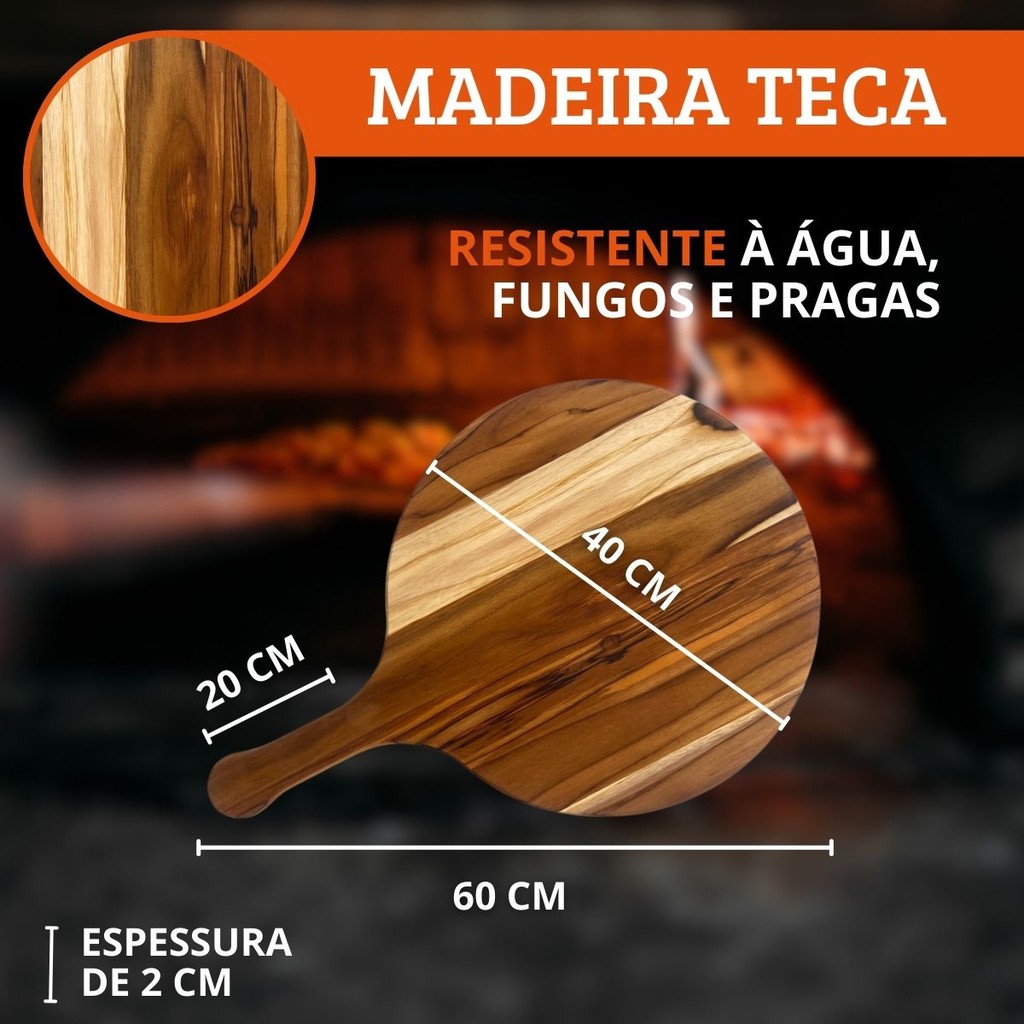 Tábua Em Madeira Teca Para Cortar e Servir Pizza 40Cm