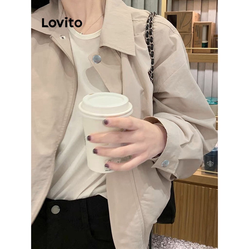 (Trendy) Lovito Casaco Casual Corta-Vento/Casaco Impermeável Com Zíper E Botão Para Mulheres LNA34140 (Damasco) - Women Clothes