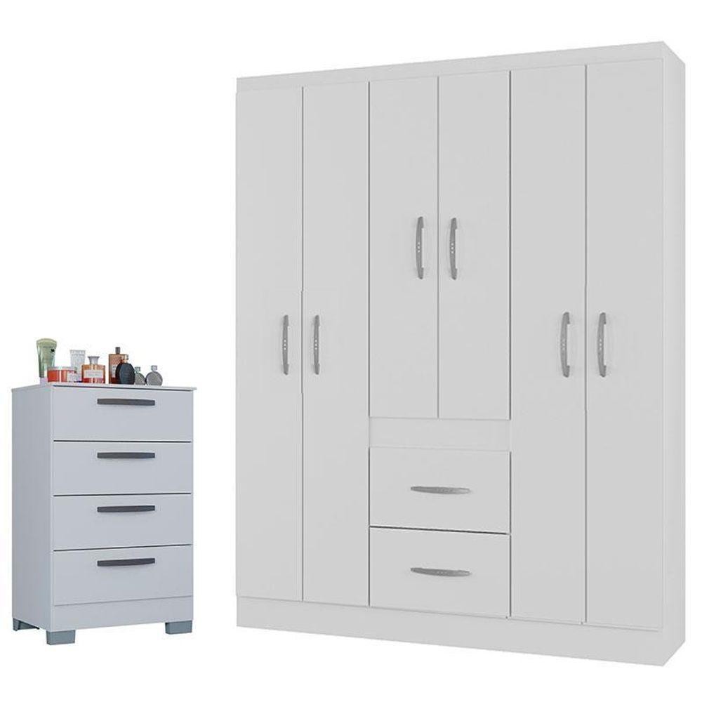 Cômoda 867 4 Gavetas Com Guarda Roupa Casal Milão 6 Portas Branco Brilho Poquema