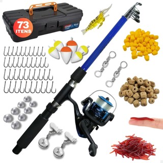 Kit Pesca Completo Vara E Molinete Com Linha Maleta Acessórios Iscas Anzol Chumbo Boia