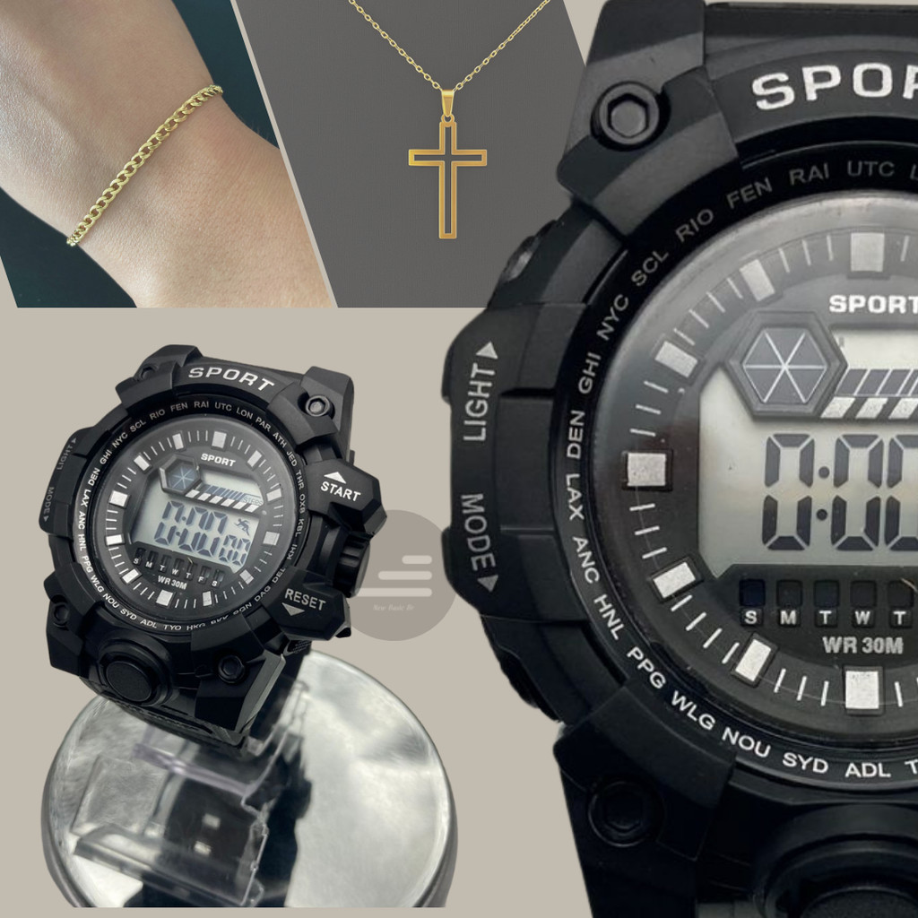 Kit Relógio Masculino Preto a Prova D’água Digital Robusto Sport Shock