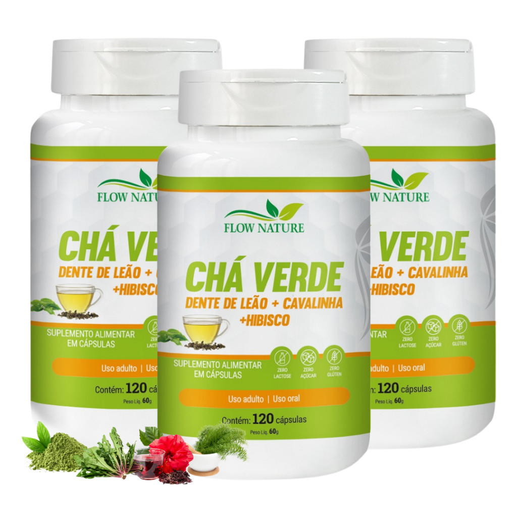 Chá Verde - Hibisco - Cavalinha e Dente de Leão 120 Cápsulas de 500 mg - Kits Com 1, 2 e 3 Potes - Flow Nature