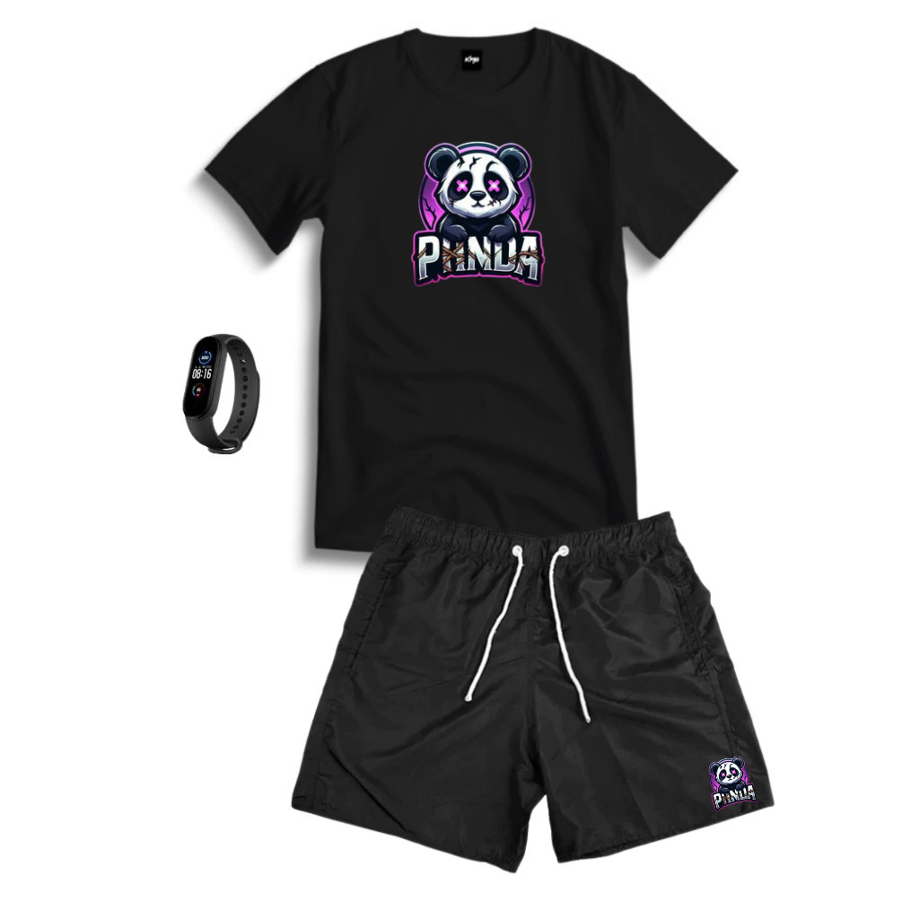 Conjunto Kit Masculino PANDA Camisa 100% Algodão + Bermuda Tactel Estampada + Relogio Digital