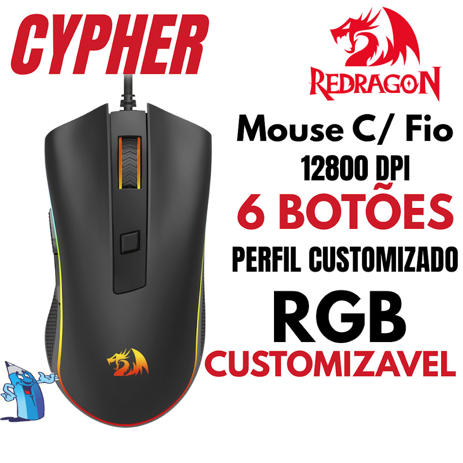 MOUSE GAMER REDRAGON RGB COMFORTAVEL COBRA CYPHER 12800 DPI LITE M611 COM FIO PRETO