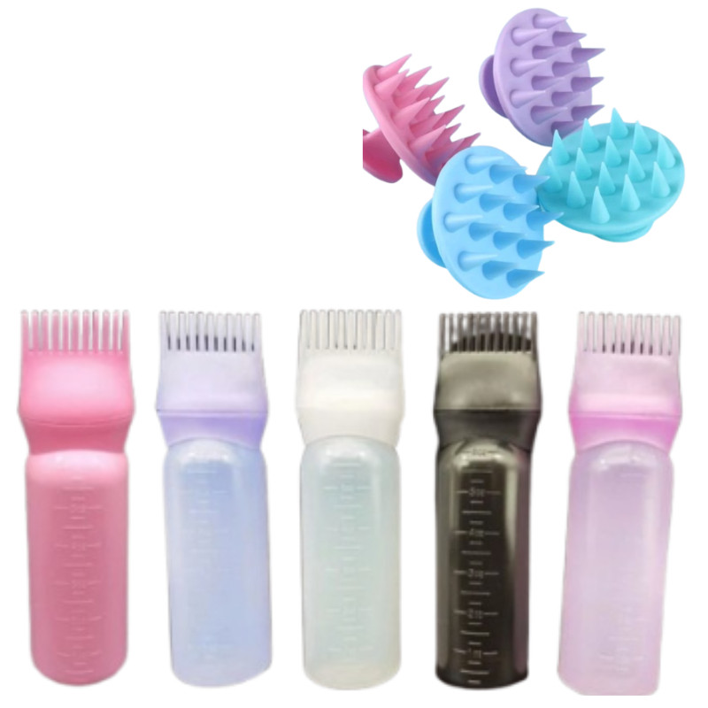 Kit Pente Frasco Aplicador De Tinta De Cabelo Com Pente De Dentes 170ml + Massageador Capilar em Oferta na Shopee
