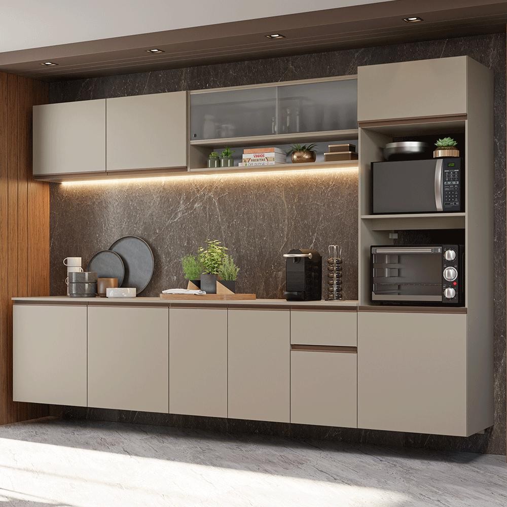 Armário de Cozinha Completa 300 cm Suspenso Crema Nice Madesa 04 em Oferta na Shopee