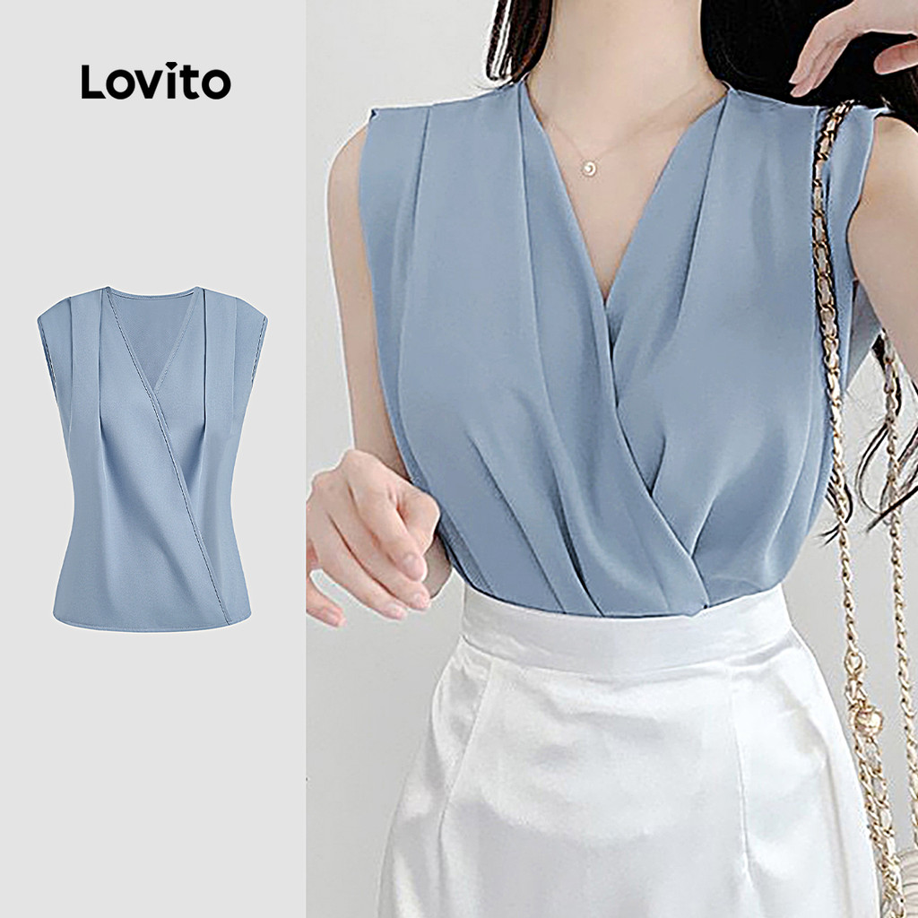 (New) Lovito Blusa Elegante com Pregas para Primavera/verão em Azul Cinza para Mulheres L142ED340 em Oferta na Shopee