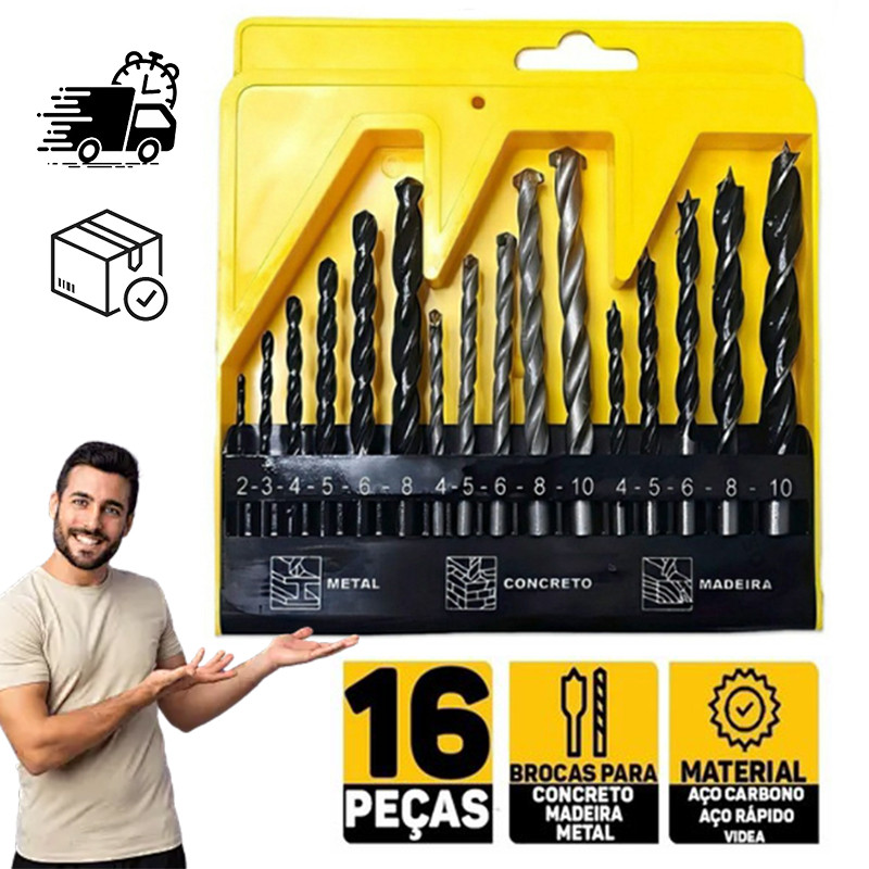 Kit Estojo 16 Peças Jogo De Brocas Aço Para Furadeira Madeira Metal Concreto Utilização