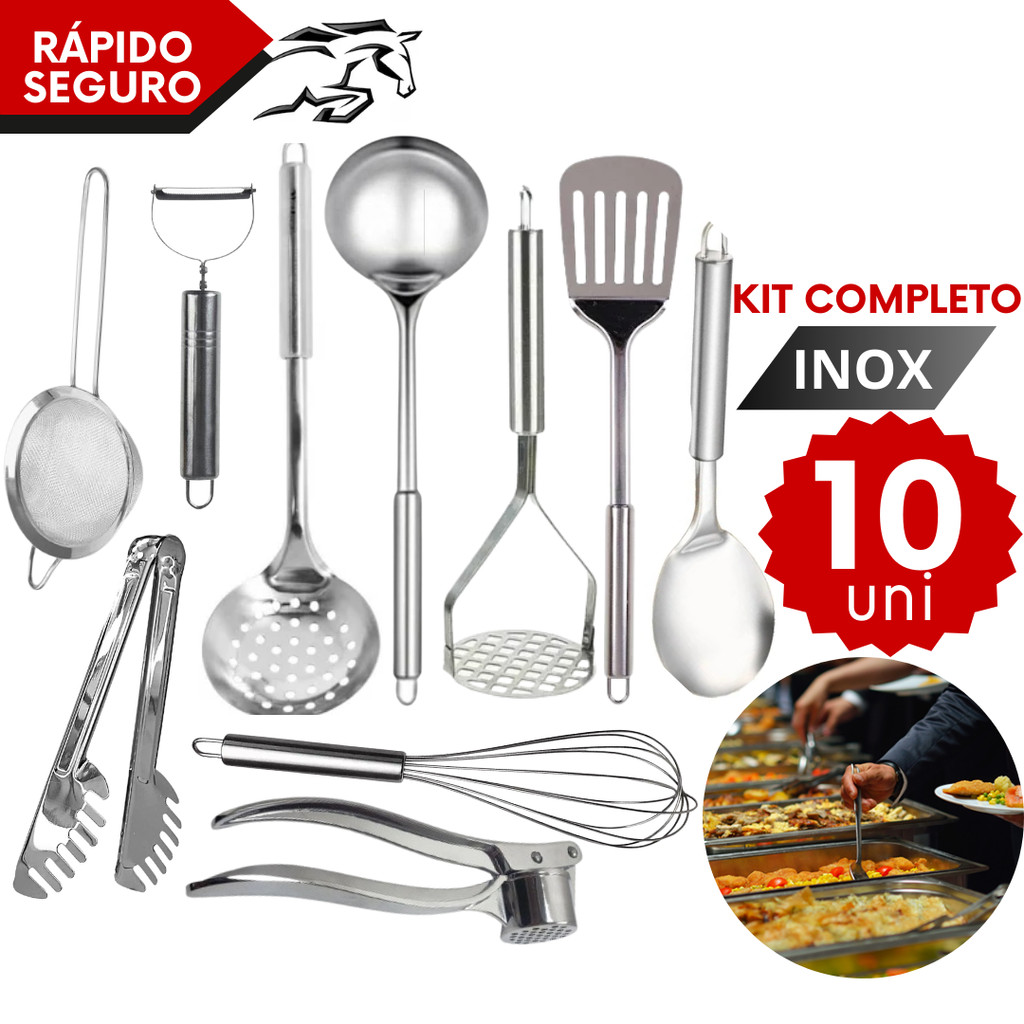 Kit Conjunto de Utensílios 10 Peças Inox Completo Achadinhos de Cozinha Casa