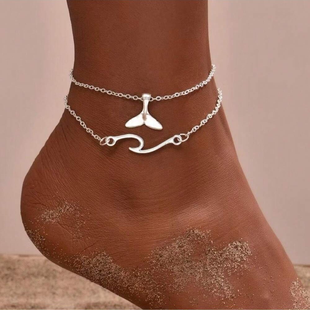 Moda feminina boêmia dupla camada tornozeleira meninas praia oceano onda rabo de peixe tornozeleira