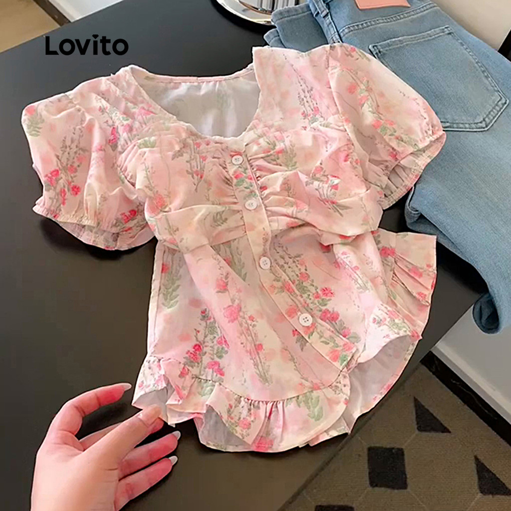 Detalhes do Lovito Blusa Casual Natalina Plissada Botões Primavera/Verão Rosa Feminina L145LD060
