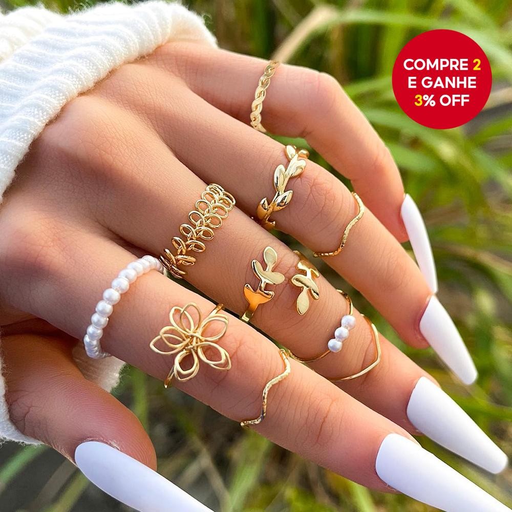 Conjunto de 10 Anéis de Flores Ocados Fashion, Anéis Minimalistas com Pérola e Folha para ...