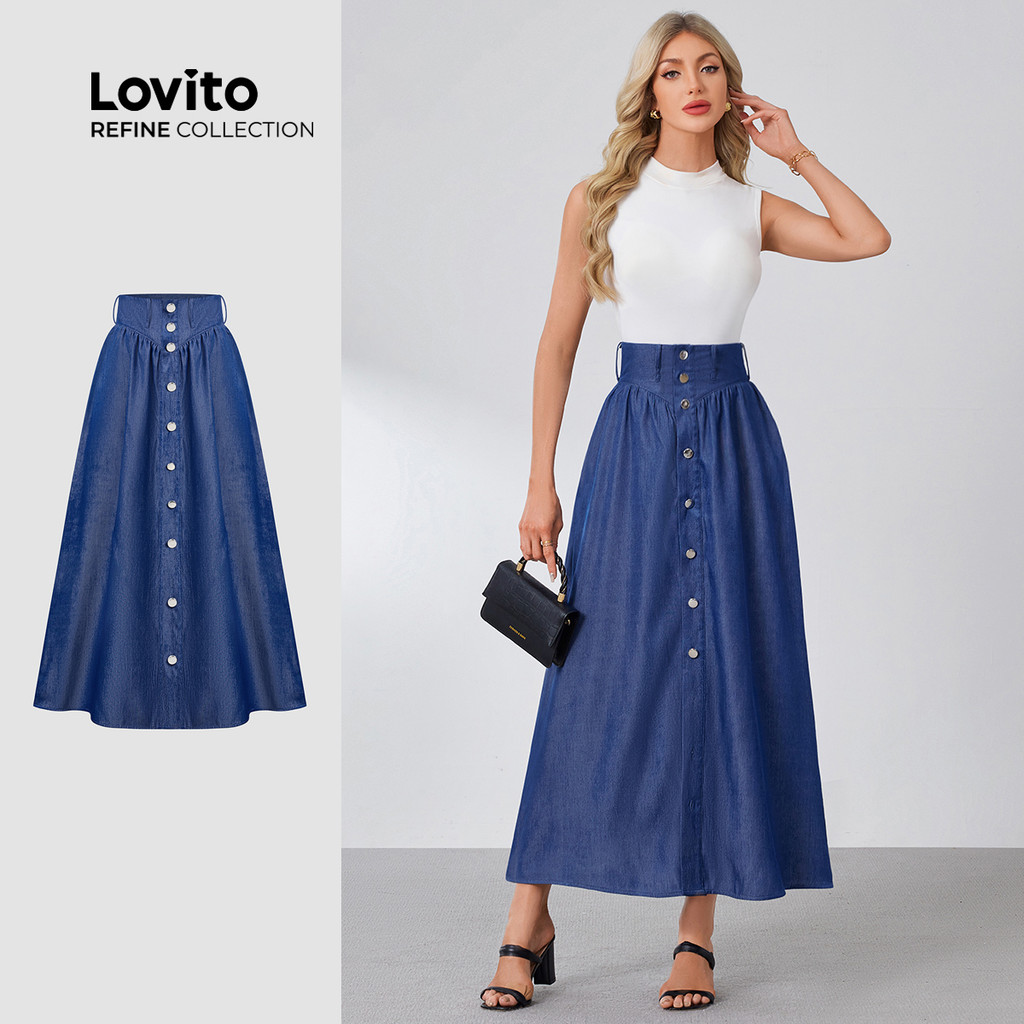 (New) (Lovito Refine) Saias de Jeans Elegantes com Botões Na Frente Metal Primavera/verão azul-marinho LR18L009 em Oferta na Shopee