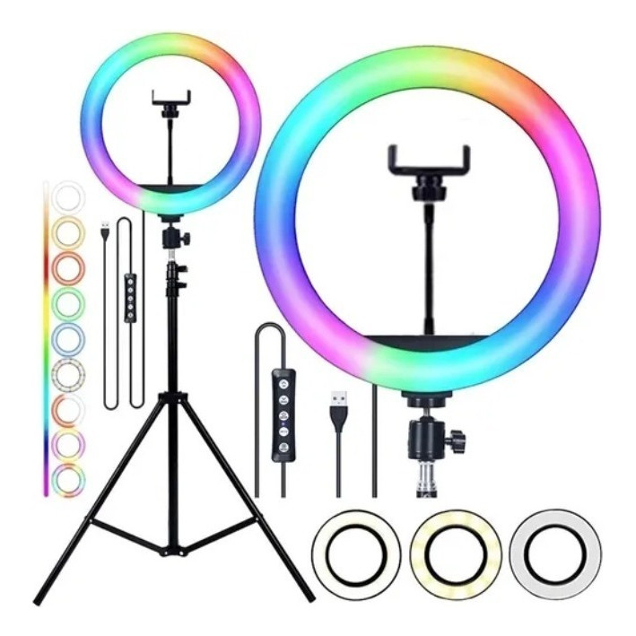 Ring Light Luz Rgb Colorida 26cm 10 Polegadas + Tripé 2.10m Cor da estrutura Preto