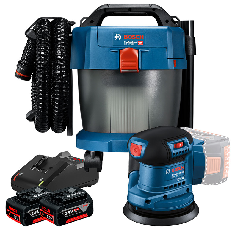 Kit Aspirador de Pó GAS 18V-10L Premium + Lixadeira Roto Orbital 5" GEX 185-LI + 2 Bateria 4Ah + Carregador Rápido Bosch