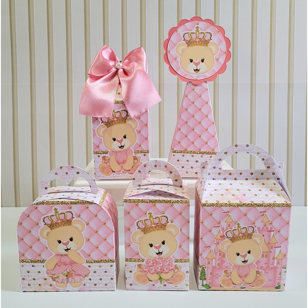 Kit Personalizados Ursinha Princesa Pegue Monte Caixinha Lembrancinha Festa Realeza 1 ano Cha de Bebê