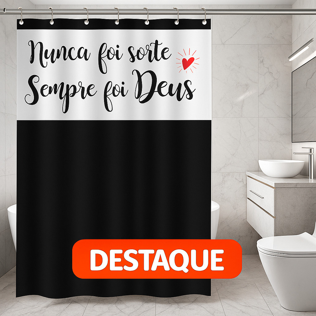 Cortina de Box Banheiro PVC com Visor Frase Deus Decorativa e Ganchos 138x198cm Preto ou Branco