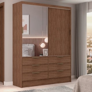 Guarda-Roupa Solteiro Diamantina 2 Portas de Correr 6 Gavetas com Espelho Marrom - Panorama Móveis em Oferta na Shopee