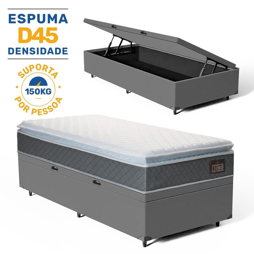 Cama Box Baú com Colchão de Espuma D45 Pillow Top Fort Comfort Solteiro 88cm
