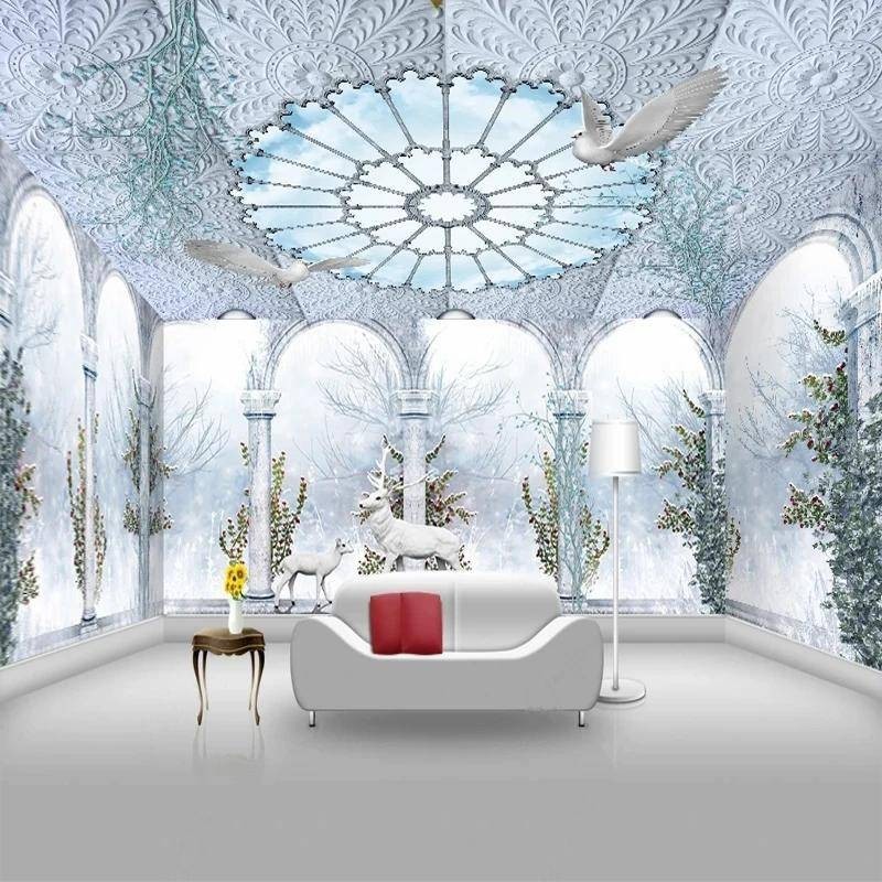 3d Creative Snow Kingdom Papel De Parede De Varanda De Coluna Branca De Veado Para Sala De Estar Kids Bedroom Decoração De Teto Mural Wall Paper