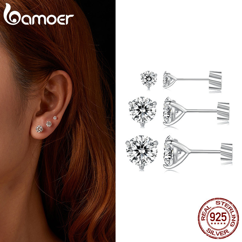 Bamoer 925 Sterling Sliver Stud Brincos De Fita Moissanita Cintilante Jóias Presentes Para Mulheres MSE065 - Fashion Accessories
