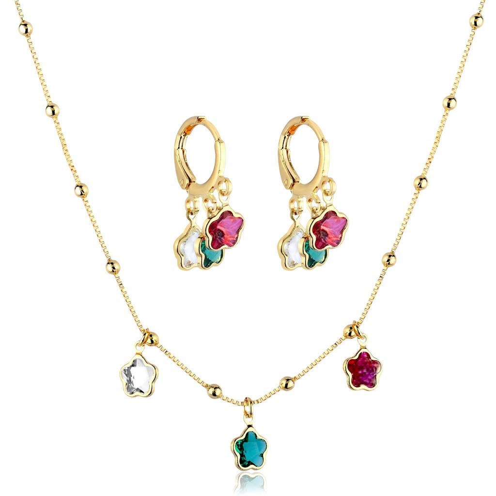 Conjunto Brinco Colar Pingente Flor Rainbow Banhado Semijoia