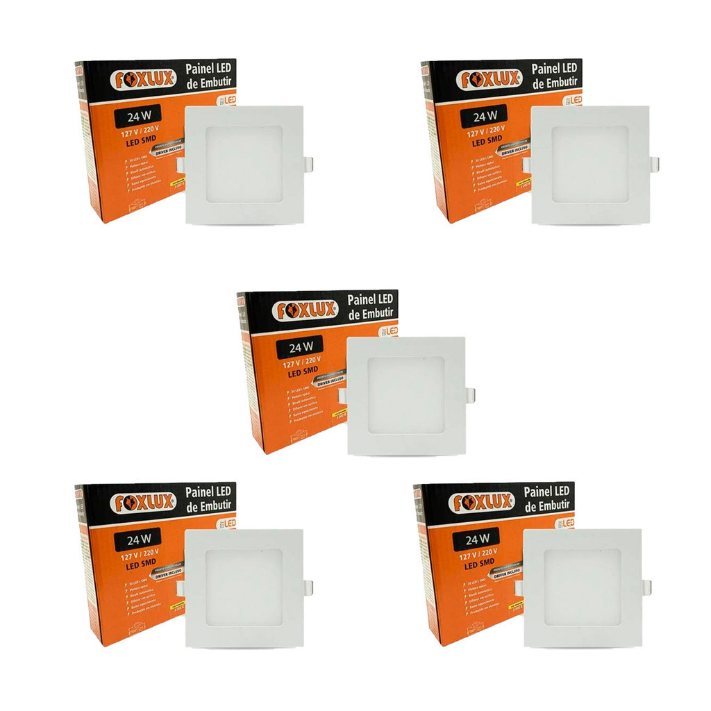 Kit 5 Painel LED Foxlux 30,3x30,3 Quadrado Embutir 24W 3000K | luz aconchegante, design clean