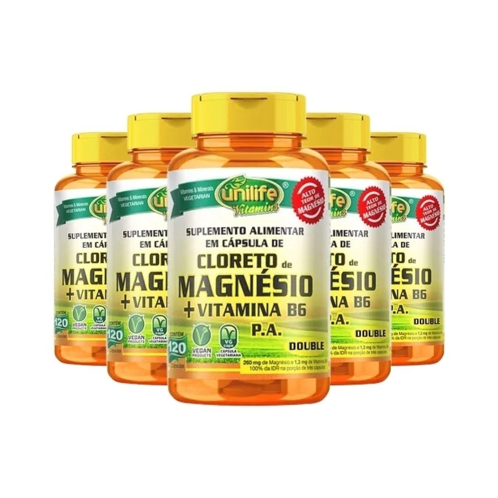 Kit 5 Cloreto de Magnésio Em Cápsulas P.A com Vitamina B6 Double Magnésium Hexahidratado Ossos Energia Vegano 120 Cápsulas Vegan Unilife Vitamins