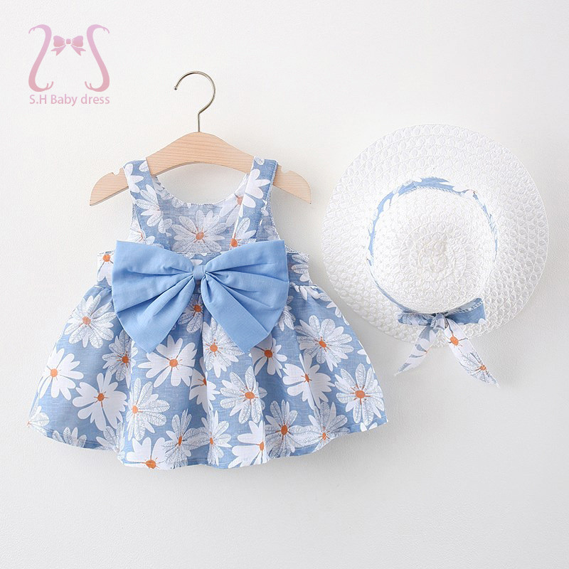 2Pcs/Set Vestidos de Margarida para Meninas Verão Bow Baby Beach Roupas Crianças 0-3 Anos + Chapéu