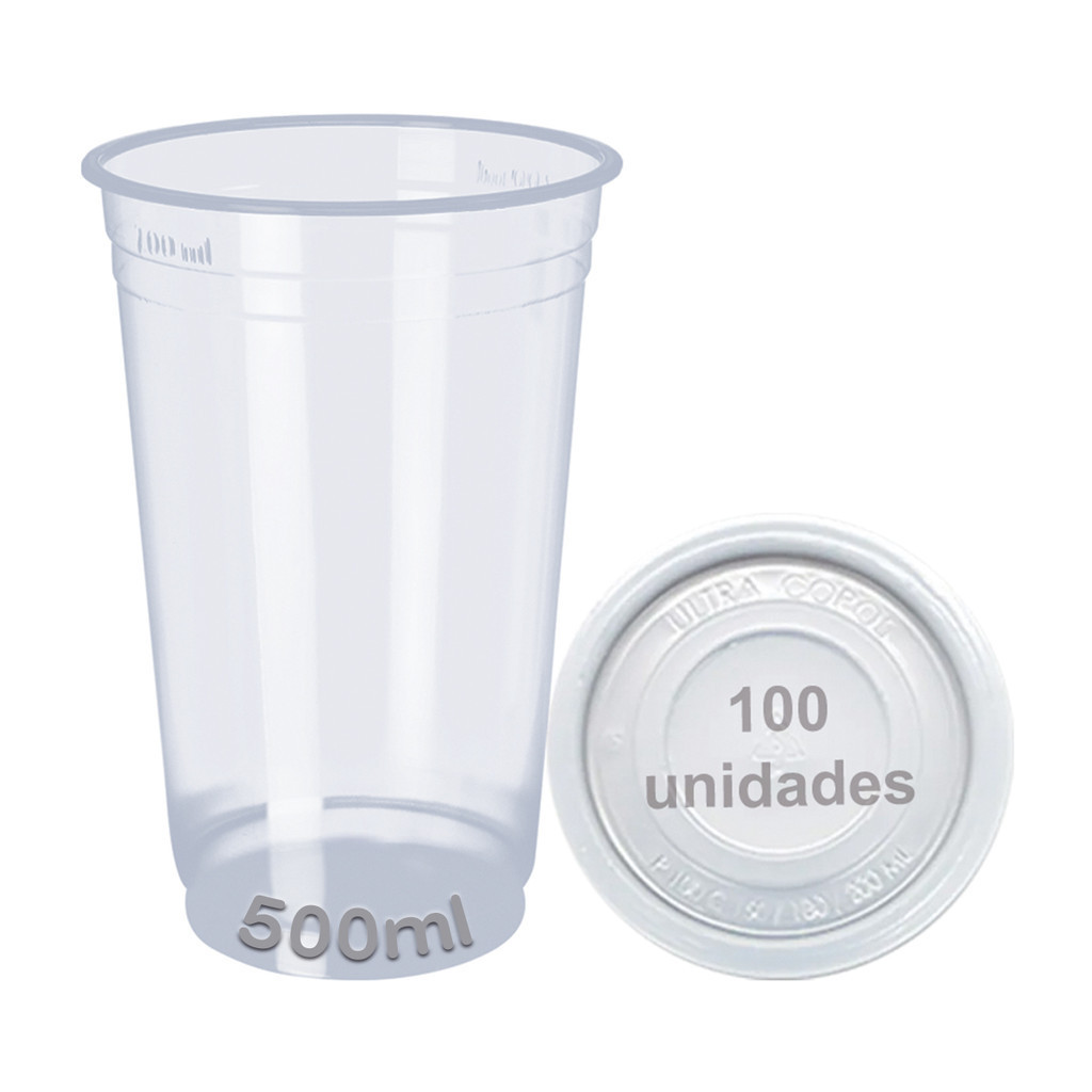 COPO 500ML DESCARTAVEL C/TAMPA SEM OU COM FURO PP LISO 100 UNID CHOPP SUCO