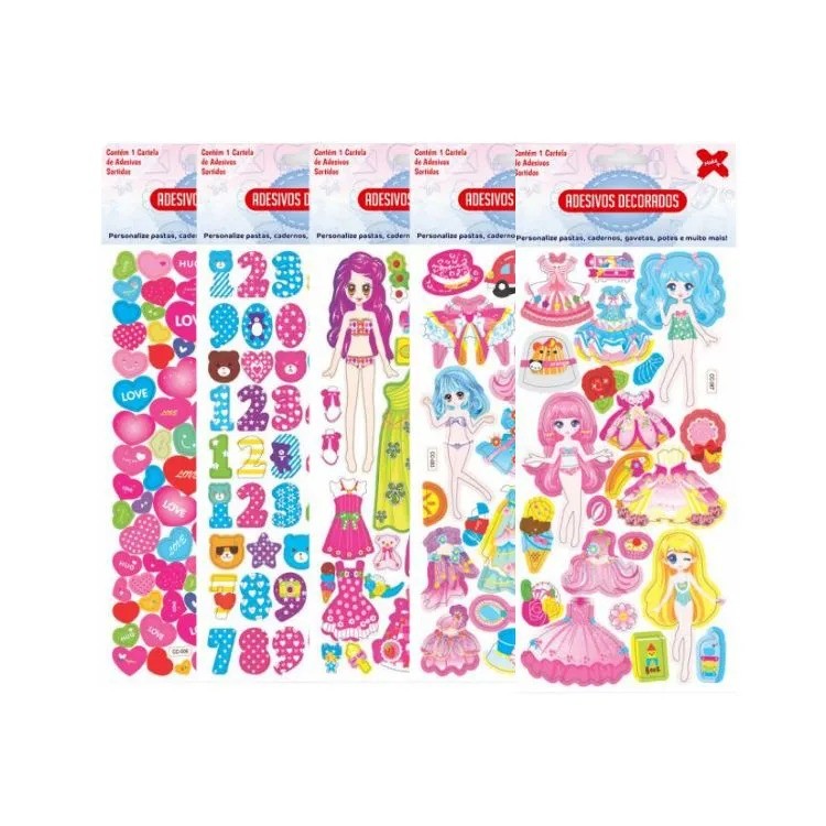 Kit 05 Cartelas Adesivos Decorados Sortidos Motivos Diversos