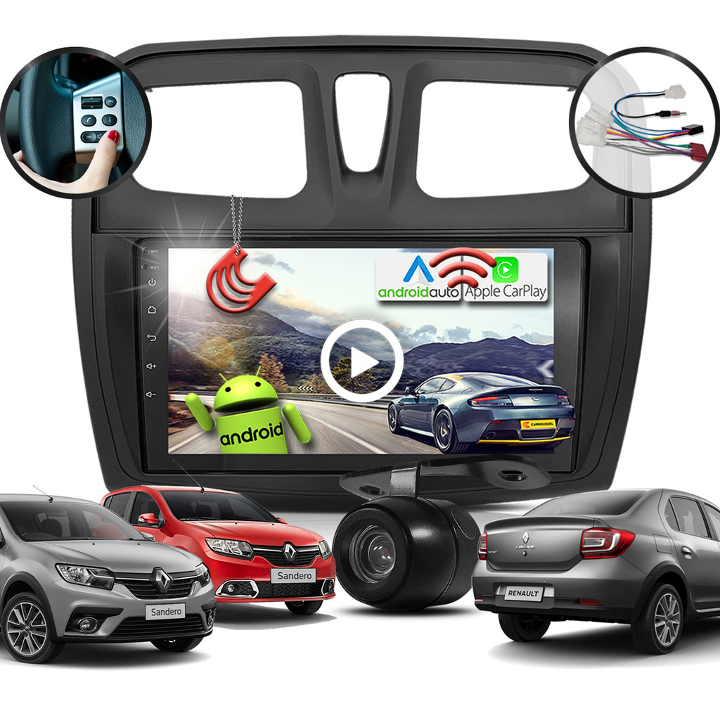 Kit Central Multimidia Android 9 polegadas + Camera Chicotes Interface Moldura Sandero Logan 15/22