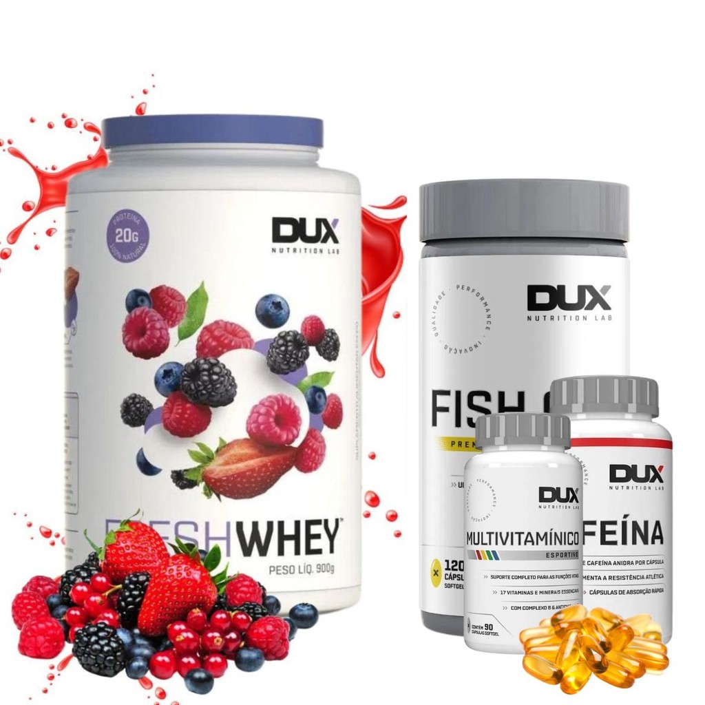 Kit Whey Protein Fresh Whey 900g + Fish Oil 120 Caps + Cafeina 90 Caps + Multivitaminico 90 Caps Dux em Oferta na Shopee