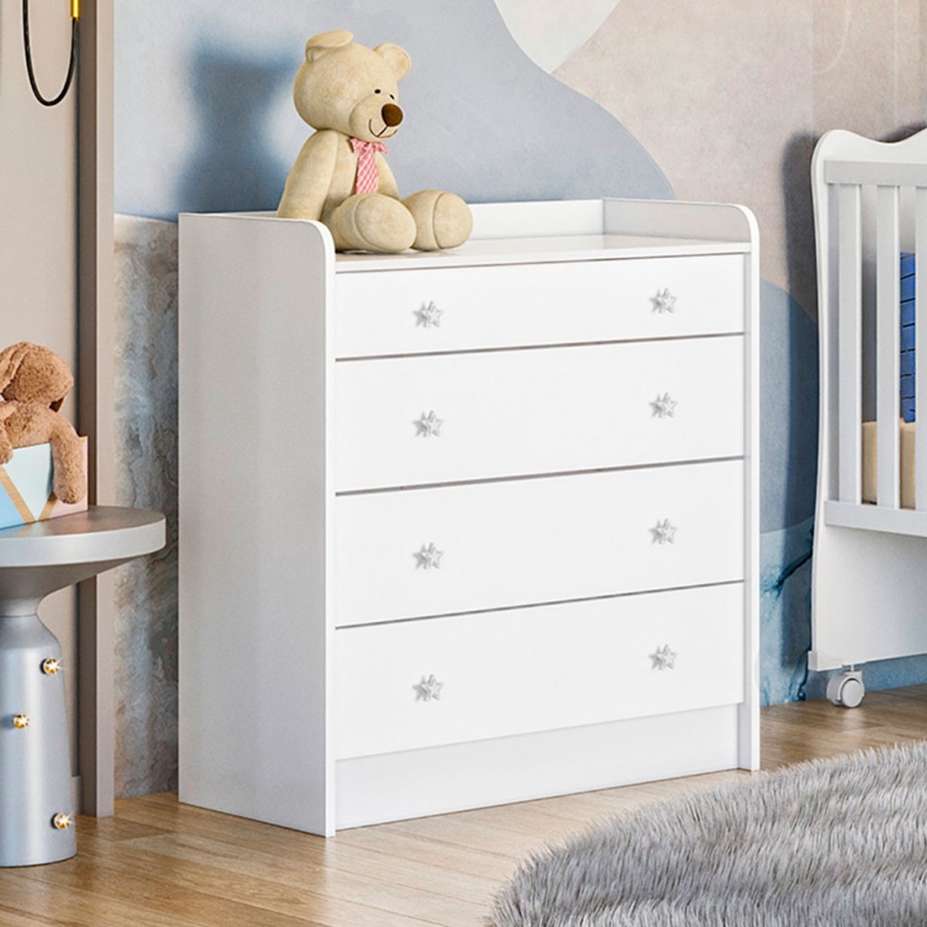 Cômoda Infantil Doce Sonho 4 Gavetas com Trocador Branco - Qmovi em Oferta na Shopee