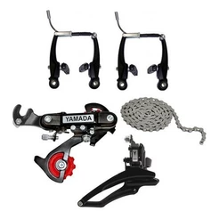 KIT TRANSMISSÃO 18V / 21V CÂMBIOS YAMADA + CORRENTE + FREIO V-BRAKE ALUMÍNIO