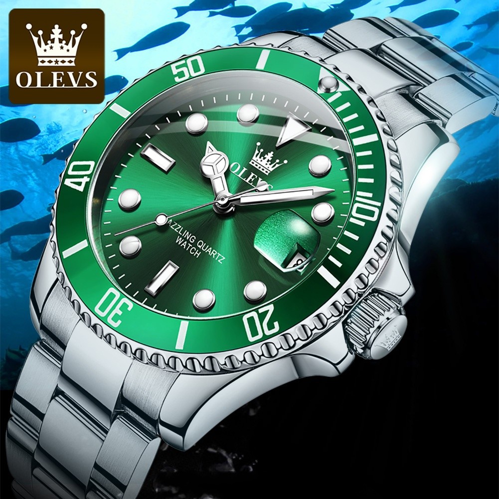 OLEVS Relogio Relógios Masculinos Luxo Prova Da água Original Verde Preto De Aço Quartzo 5885